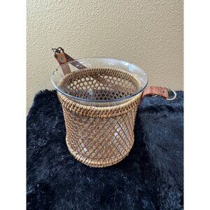 Ice Bucket Basket Wicker & Glass Leather Straps Country Cabin Lake House